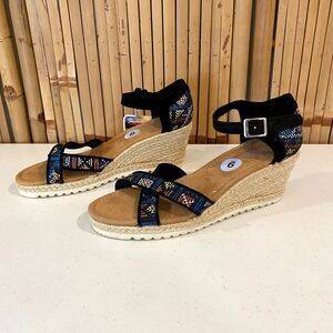 Tribal Boho Retro Skechers Cali Espadrille Wedge Sandals Memory Foam Black 9